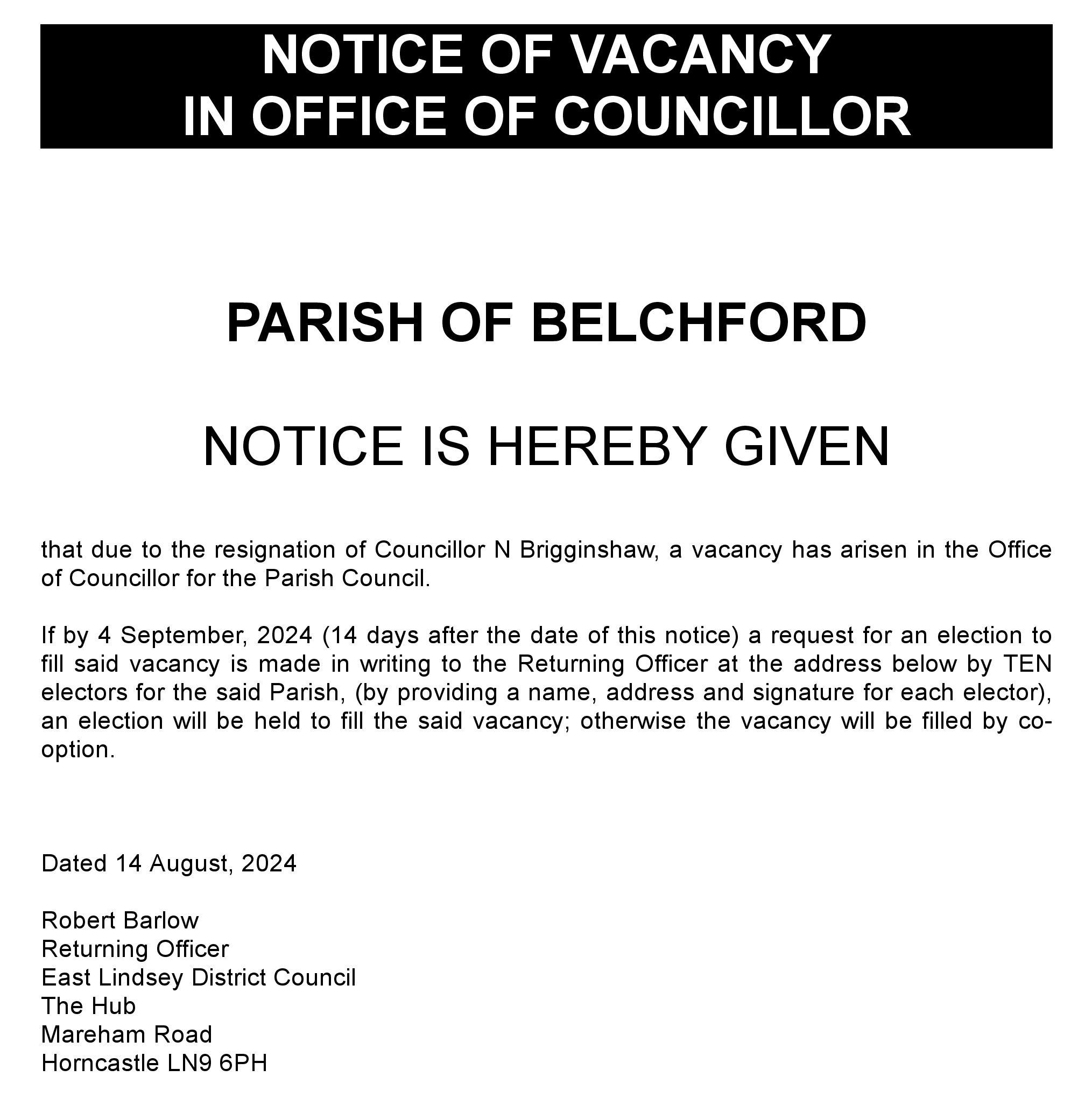 Notice of vacancy n brigginshaw aug24